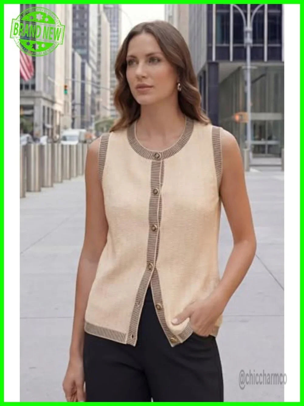 100% Cotton Crewneck Button Front Sweater Vest, Sleeveless